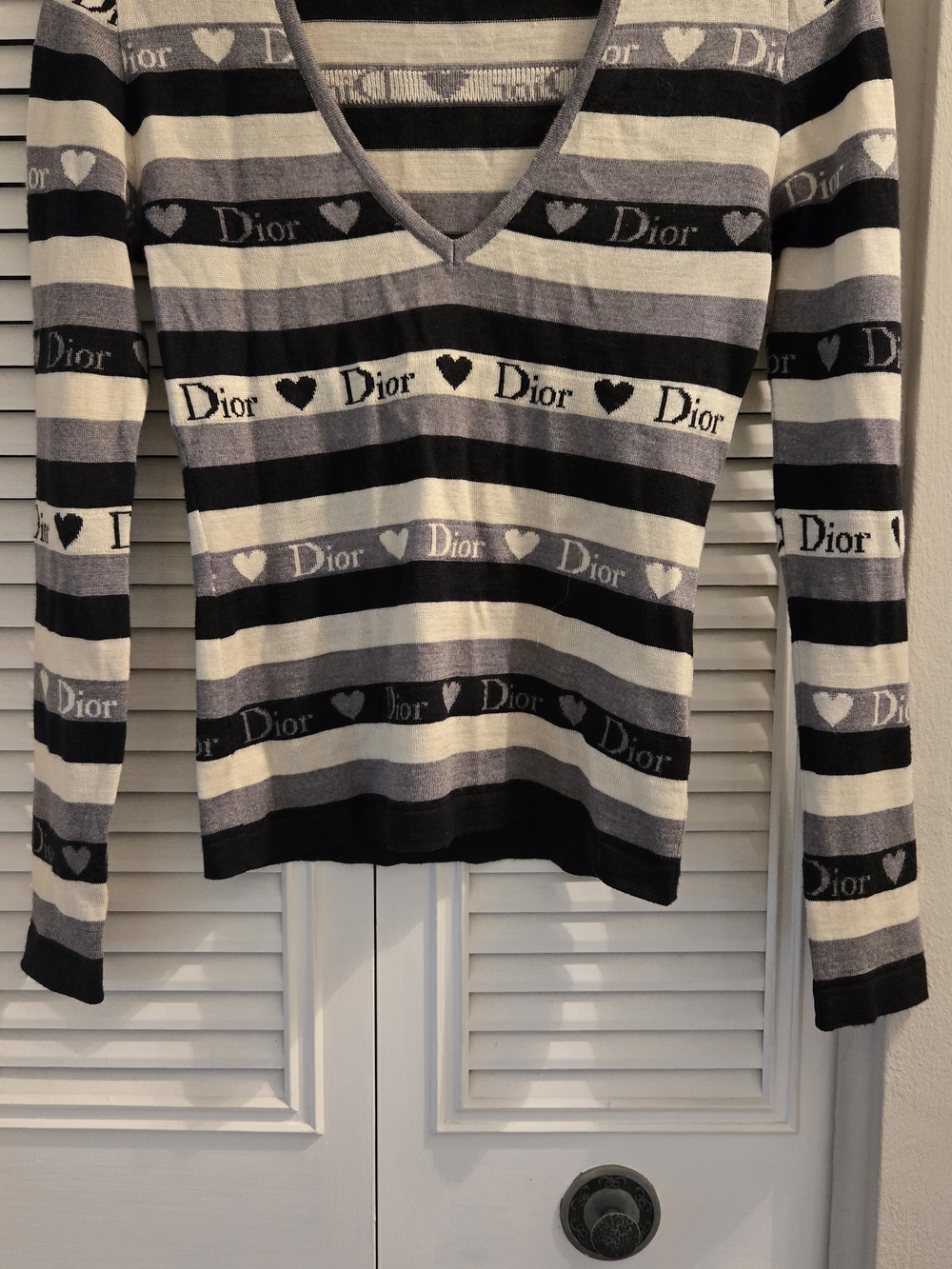 Iconic Dior Striped V-Neck Logo Sweater in Black Gray & Cream